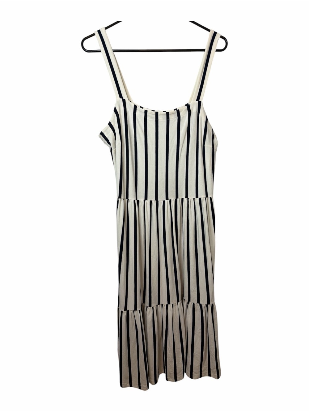 LOFT Black & Cream Vertical Stripe Sleeveless Tiered Midi Dress